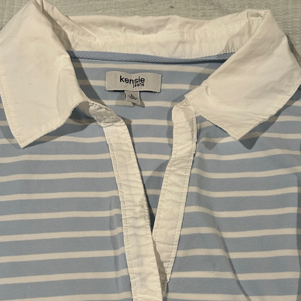 Kensie Light Blue & White Striped Polo Top with Puff Sleeves(L)